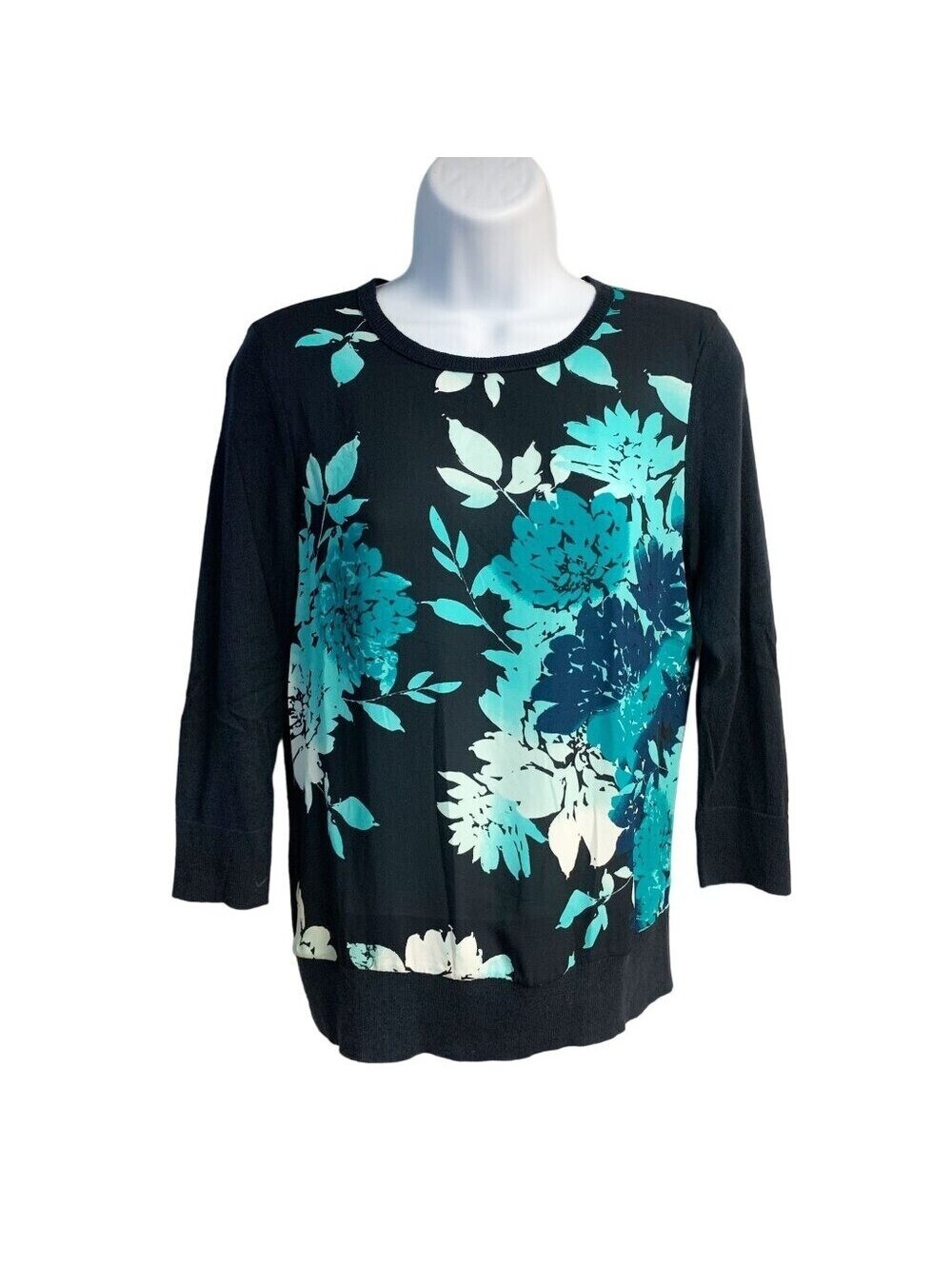 Ann Taylor Womens XS Black Teal Floral Mixed Media 3/4 Sleeve Sweater Top